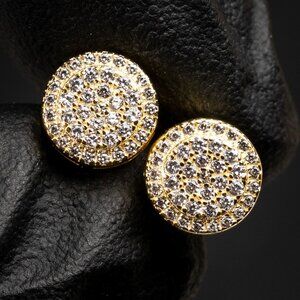 Yellow Gold 925 Sterling Silver Round Cluster Circle Stud Hip Hop Earrings